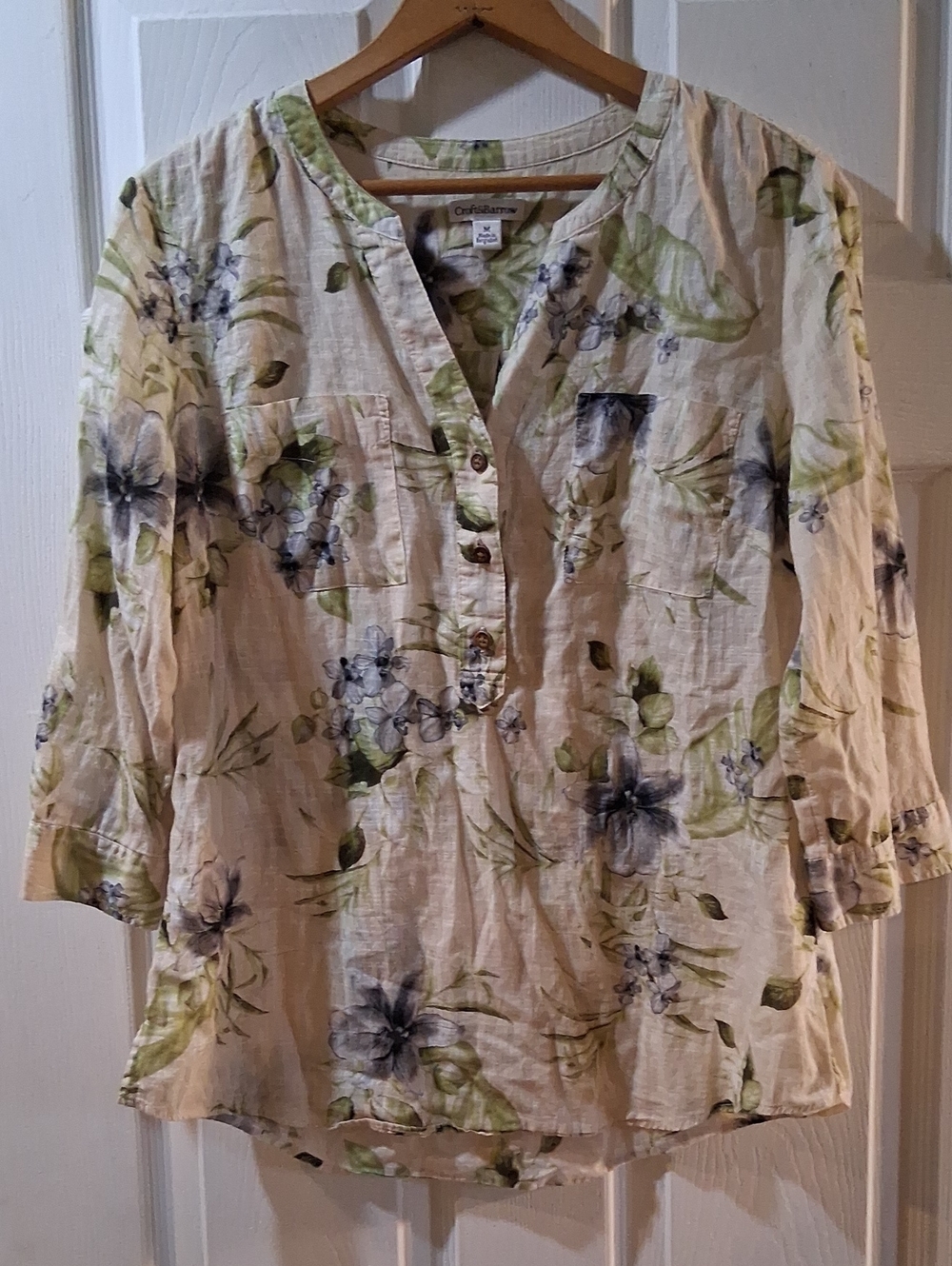 croft & barrow Cream Floral Henley Tunic - Green & Gray 3/4 Sleeves